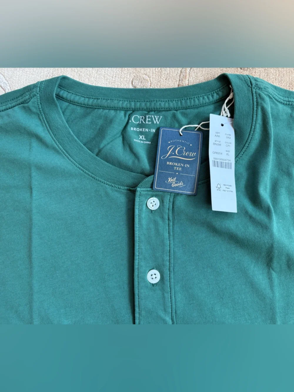 NWT, J. Crew Dark Green Broken In Short-Sleeve Henley, Cotton Jersey, Size XL